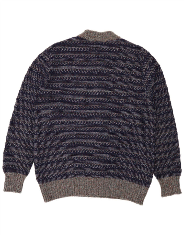Vintage hombres Cardigan suéter medio azul marino rayas