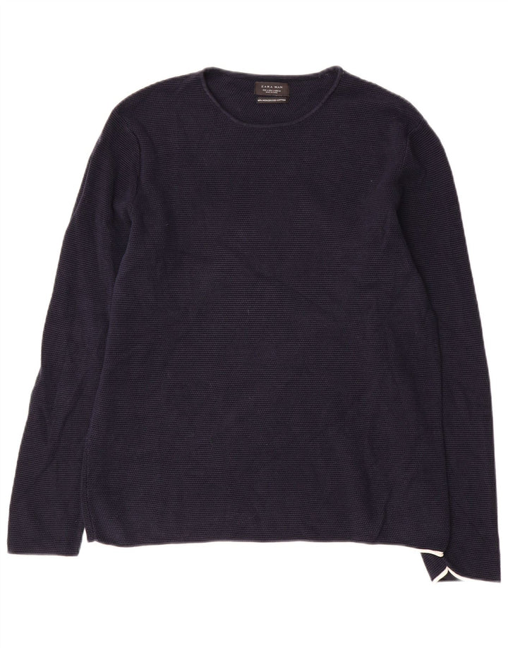 Zara Hombre Jersey Cuello Redondo Jersey Grande Azul Marino Algodón