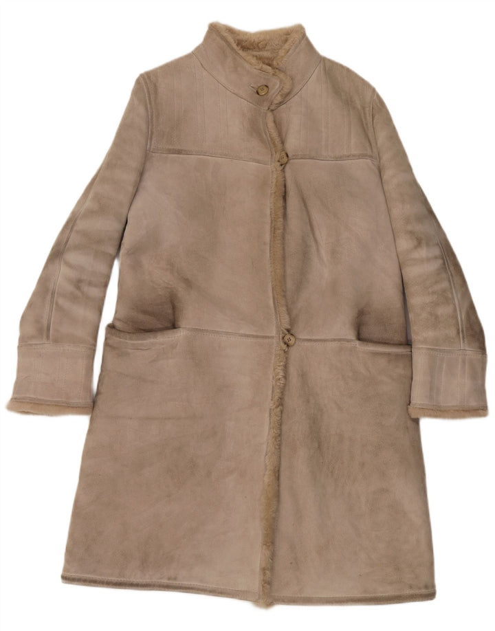 Vintage mujer shearling abrigo IT 46 cuero beige grande