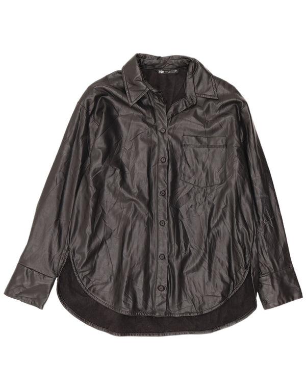 Zara Mujer Camisa Oversize De Piel Sintética UK 4 XS Negro