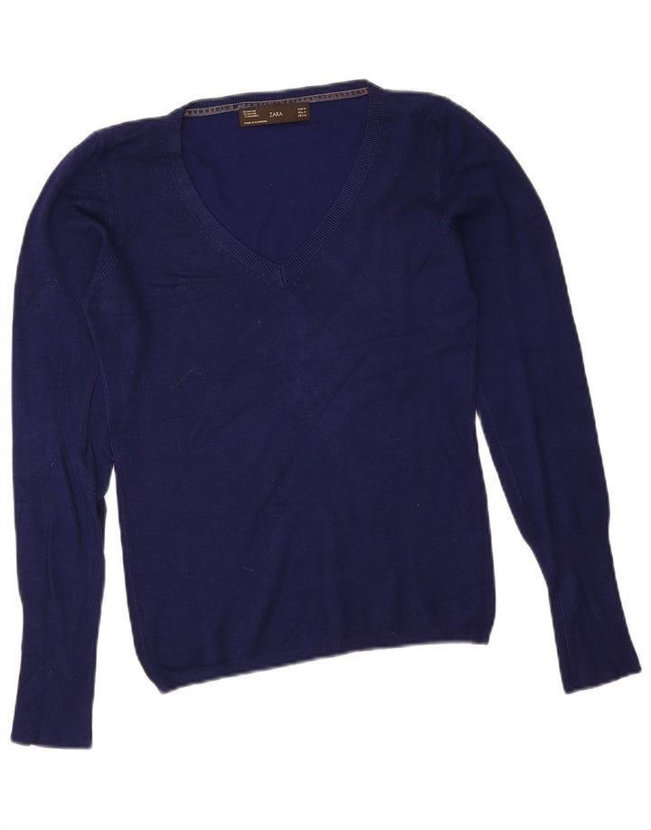 Zara - Jersey con cuello en V para mujer, talla 40, tamaño mediano, azul marino, rayón