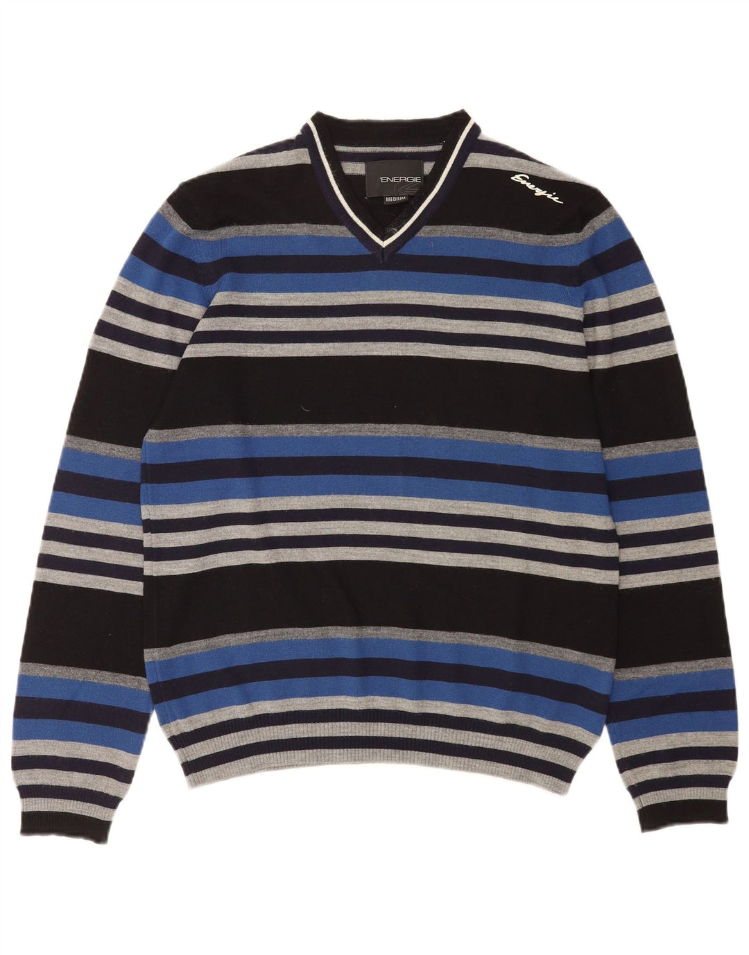 Energie Jersey con cuello en V para hombre, talla mediana, multicolor, a rayas