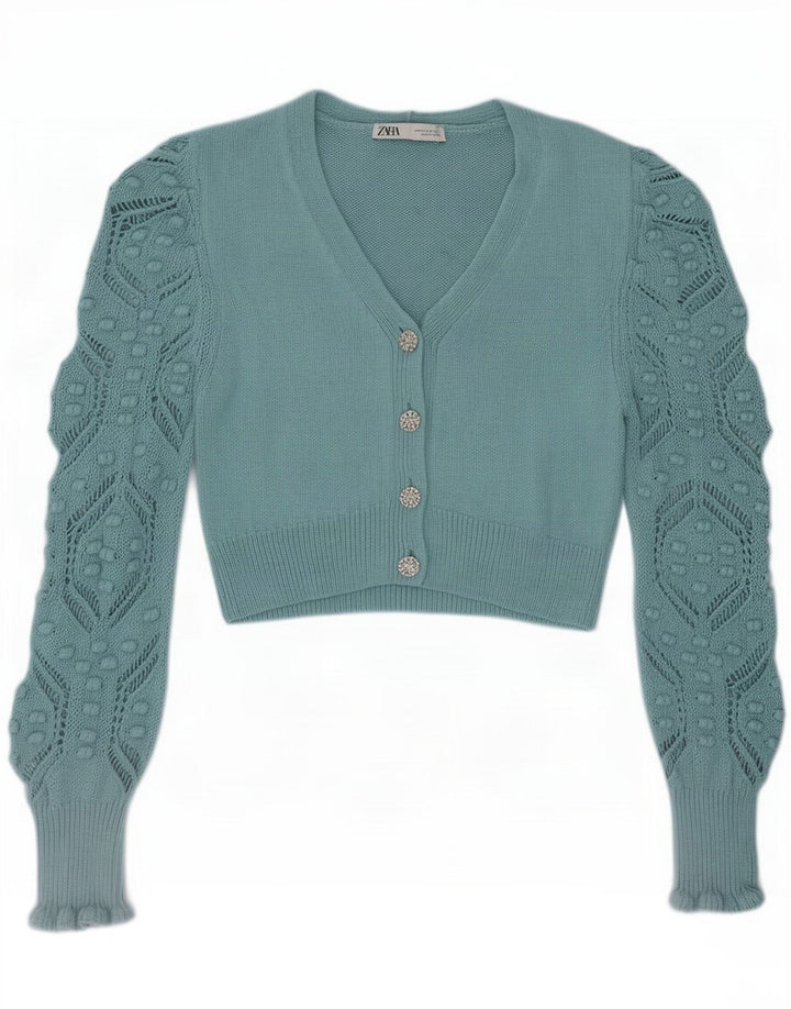 Zara Mujer Crop Cardigan Suéter UK 12 Medium Turquesa