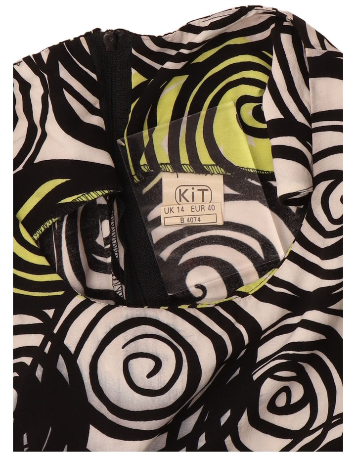 VINTAGE Mujer Sin Mangas Una Línea Vestido Reino Unido 14 Medio Negro Geométrico