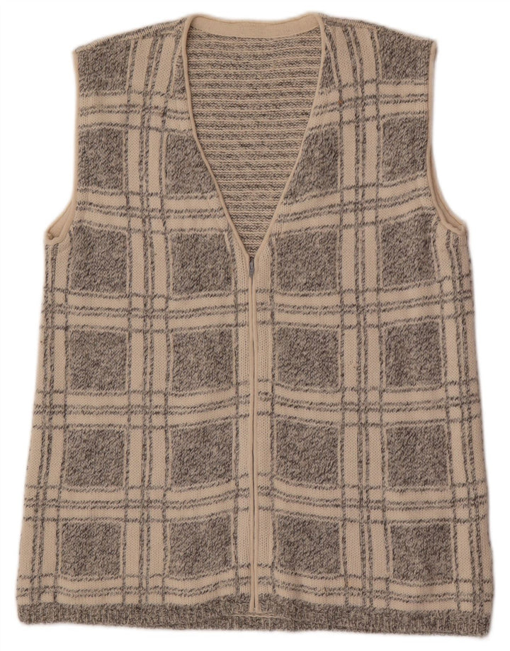 Vintage hombres sin mangas Cardigan suéter pequeño gris comprobar