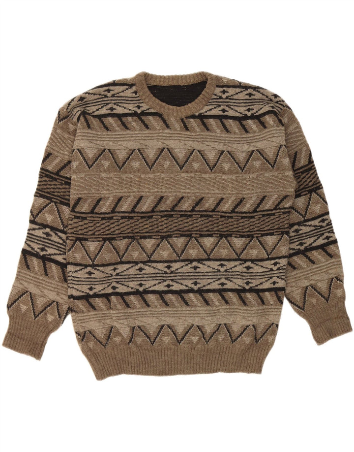 Vintage hombres cuello redondo jersey suéter grande caqui geométrico