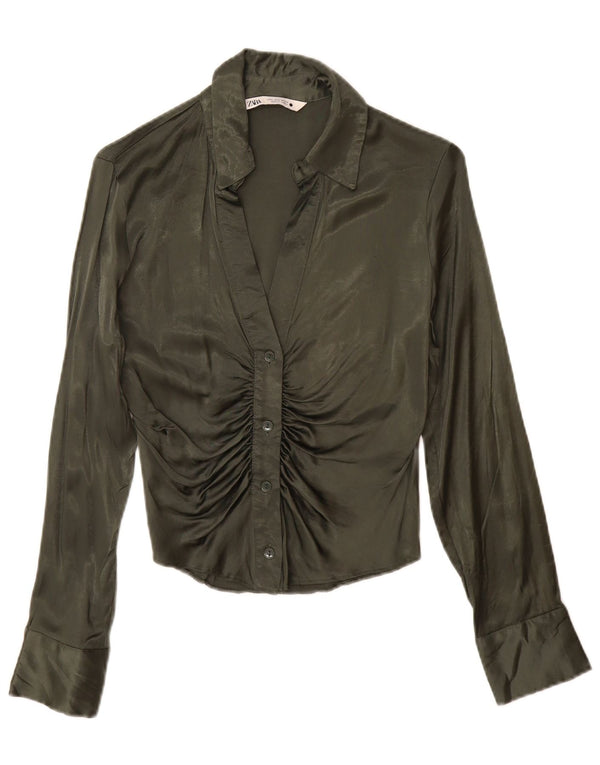 Zara Mujer Blusa Camisa UK 10 Small Viscosa Verde