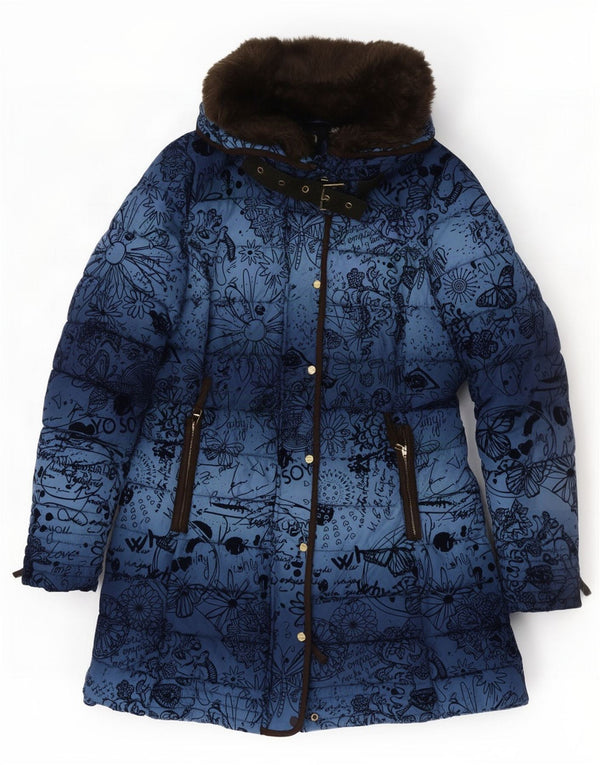 Desigual Mujer Abrigo acolchado con capucha EU 40 Poliéster floral azul medio