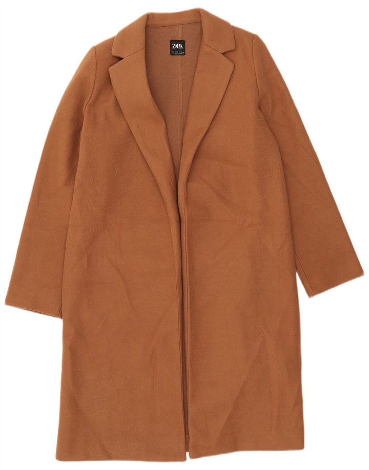 Zara Mujer Abrigo Abierto UK 10 Small Marrón Poliéster