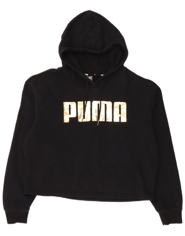 Puma Mujer Crop Graphic Loose Fit Sudadera con capucha Jumper UK 14 Medium Negro Algodón
