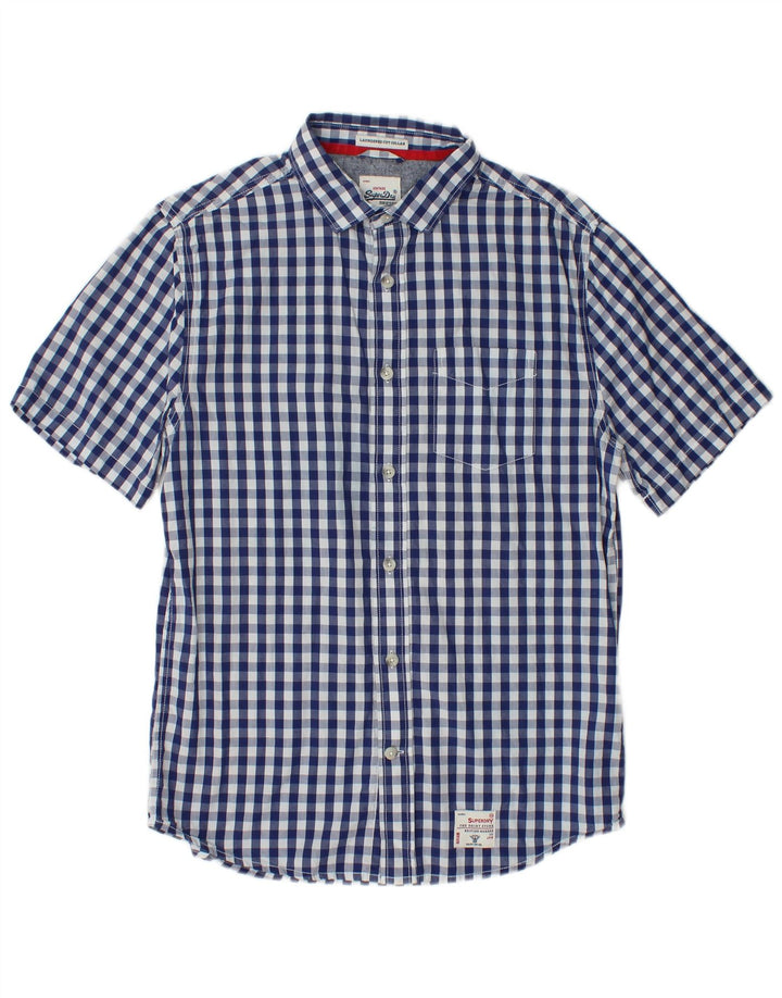 SUPERDRY Camisa de manga corta para hombre de algodón a cuadros azul marino grande