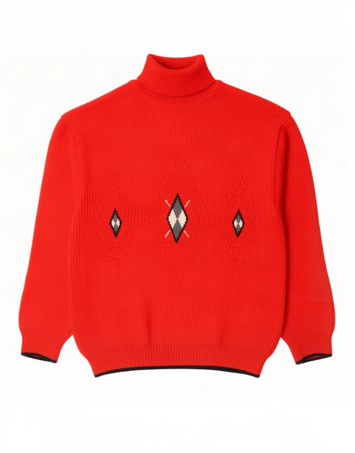 Vintage hombres rollo cuello jersey suéter IT 46 pequeño rojo Argyle/diamante