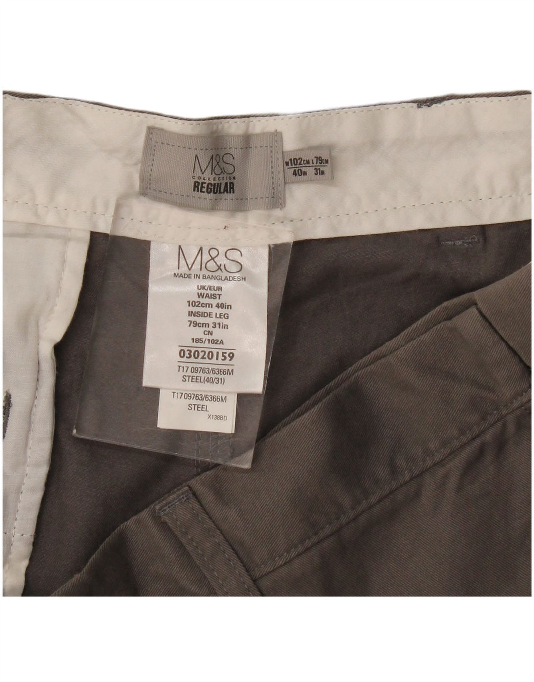 Marks & Spencer Pantalón chino de corte regular para hombre W40 L31 Algodón gris