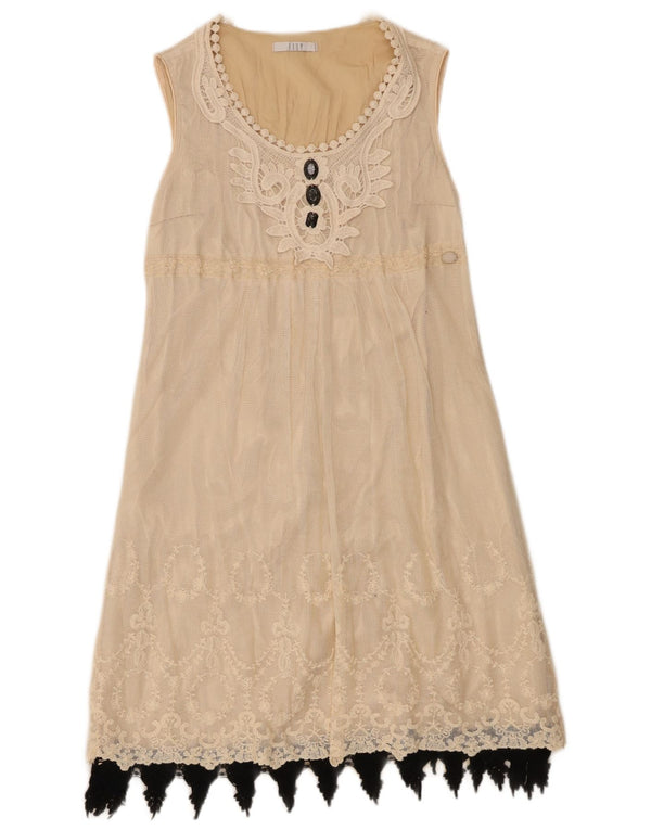 Vintage mujer sin mangas A-Line vestido Reino Unido 10 pequeño algodón floral beige