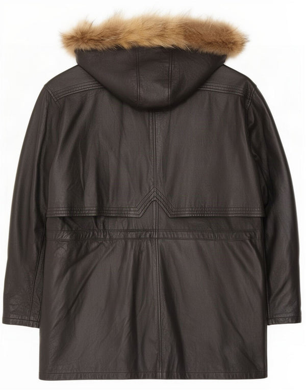 Vintage mujer abrigo de cuero con capucha IT 46 Grande Negro
