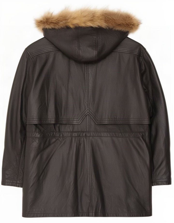 Vintage mujer abrigo de cuero con capucha IT 46 Grande Negro