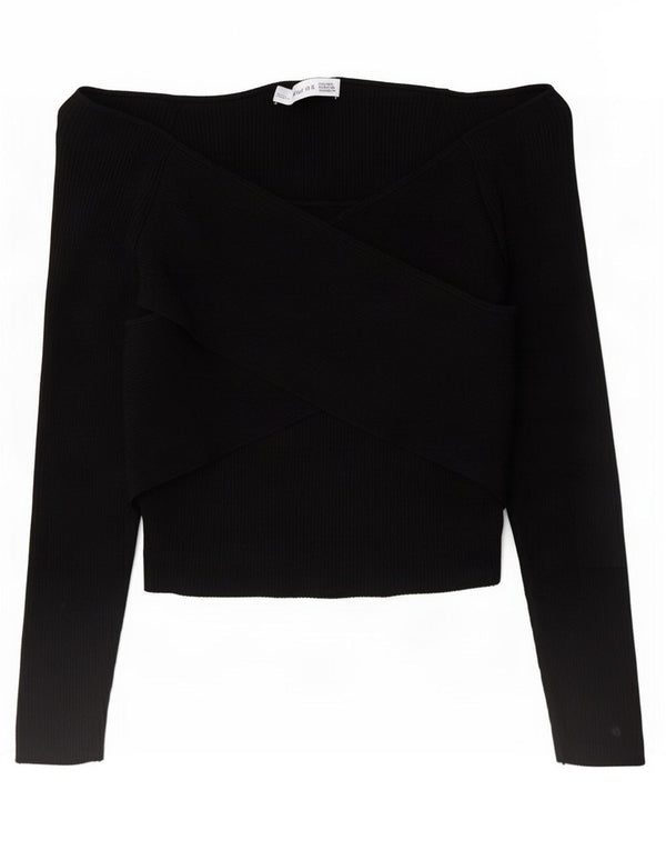 Zara Womens Crop Off Shoulder Top UK 10 Small Black Viscose