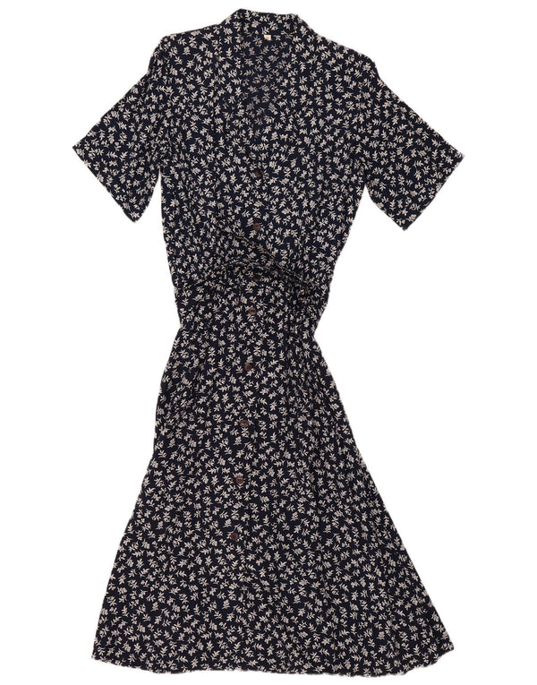 Vintage mujer manga corta camisa vestido EU 40 medio azul marino floral
