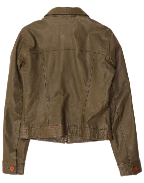 Zara Mujer Trafaluc Crop Chaqueta De Cuero UK 12 Medium Khaki Leather