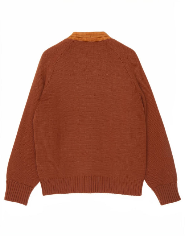 Vintage hombres Cardigan suéter cuero marrón medio