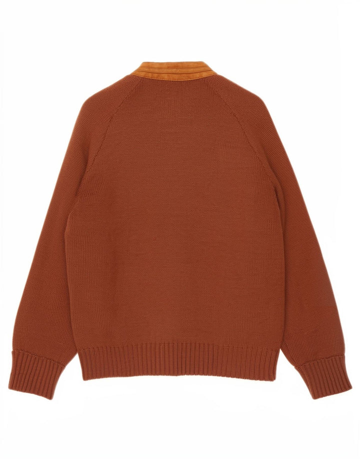 Vintage hombres Cardigan suéter cuero marrón medio