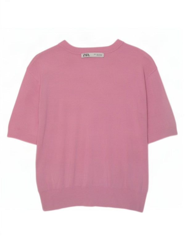 Zara Mujer Crop Manga Corta Cuello Barco Jersey Suéter UK 10 Small Rosa