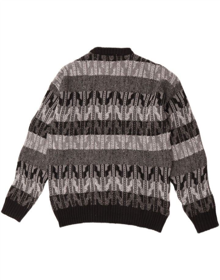 Vintage hombres cuello redondo jersey suéter grande gris Chevron lana