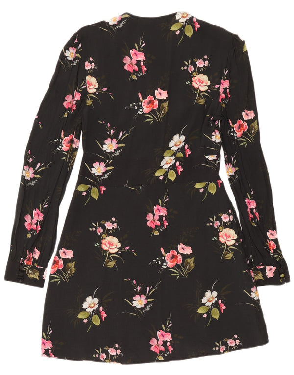 Zara Mujer Vestido Acampanado De Manga Larga UK 40 Small Negro Floral