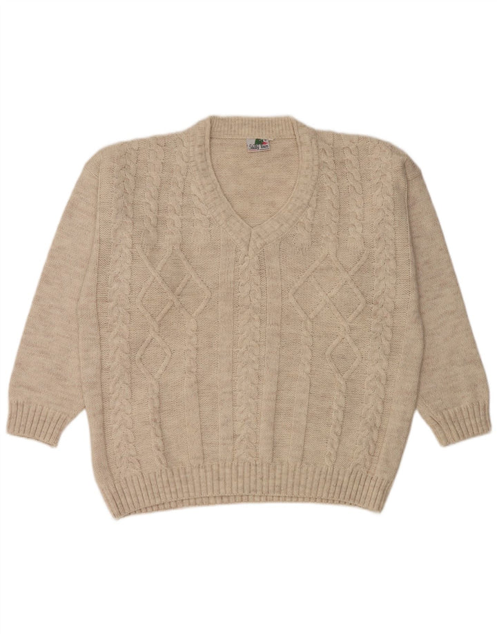 Vintage hombres V-cuello jumper suéter XL lana beige