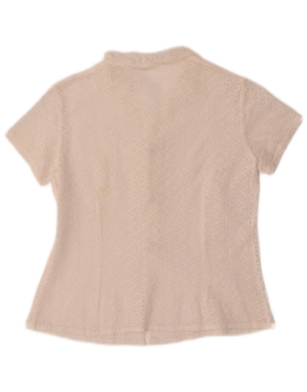 Vintage mujer crop manga corta crochet camisa blusa Reino Unido 10 pequeño blanco
