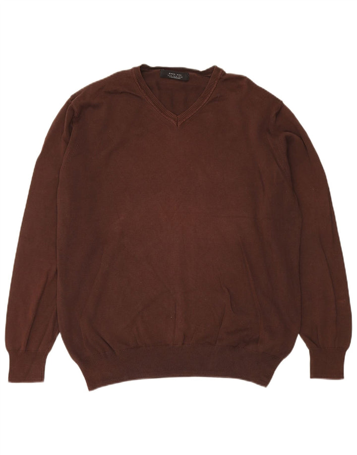Zara Hombre Jersey Cuello Pico XL Marrón Algodón