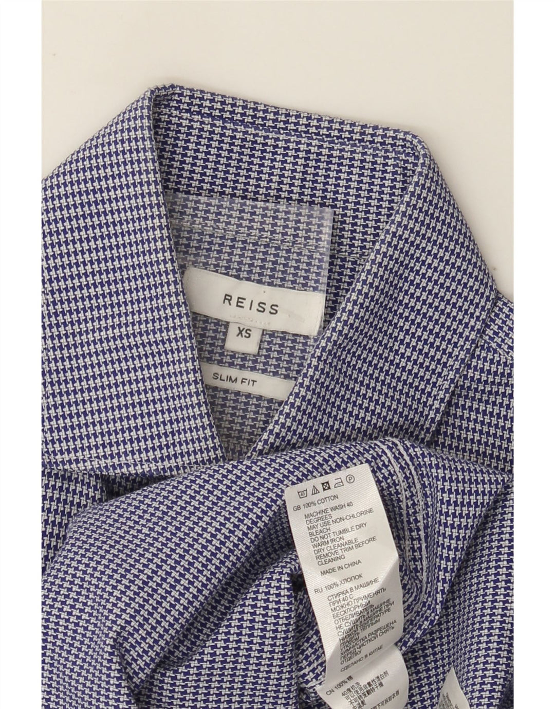 Camisa Reiss Hombre Slim Fit XS Algodón Azul Pata De Gallo