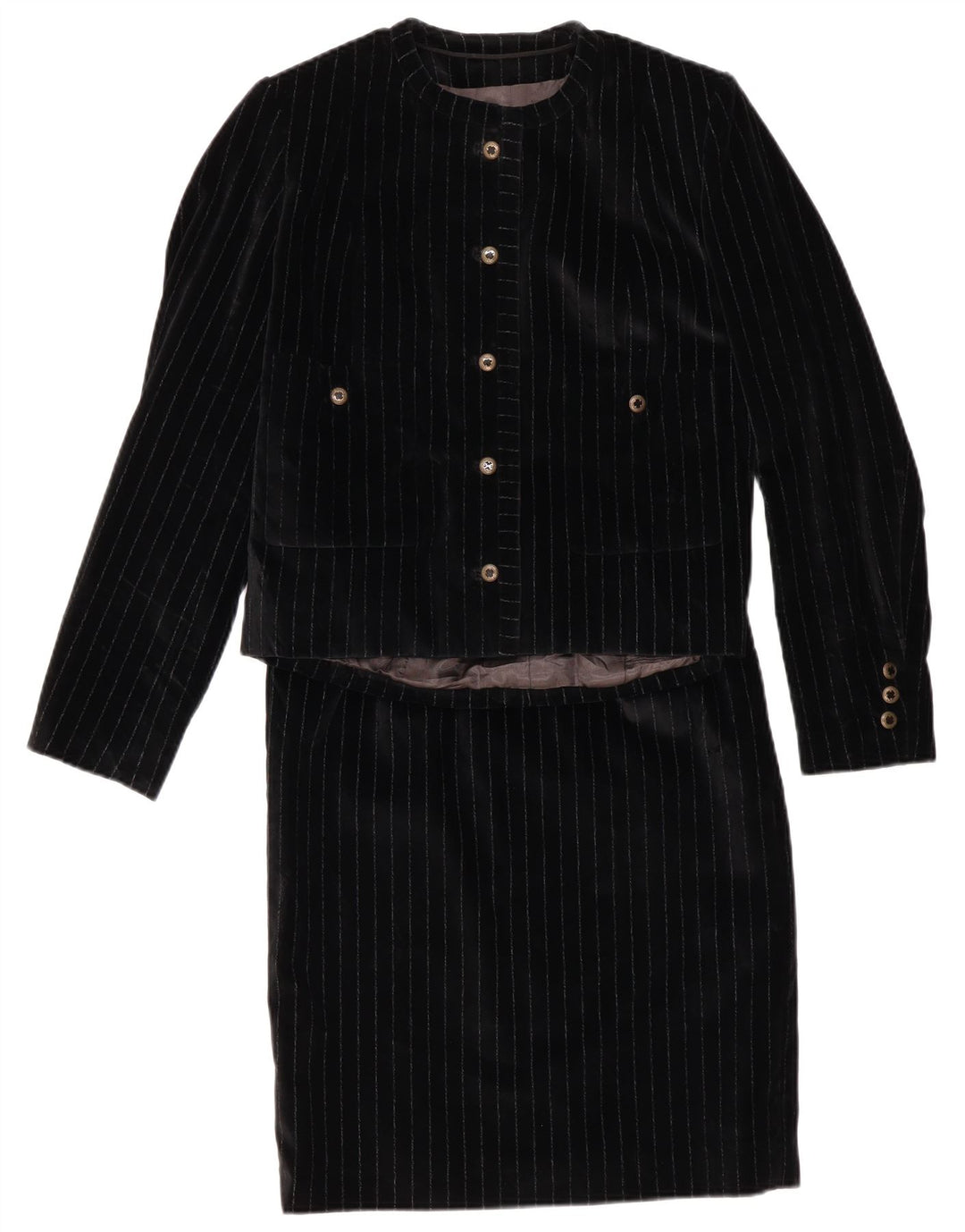 VINTAGE Mujer 5 Botones 2 Piezas Falda Set UK 12 Medio W28 Negro