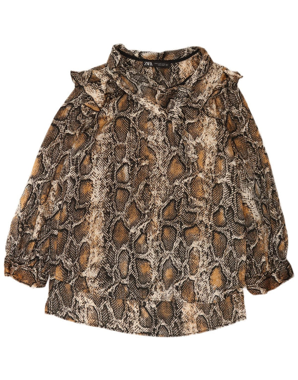 Zara Blusa extragrande de manga larga para mujer UK 6 XS Estampado animal marrón