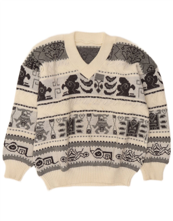 Vintage hombres V-cuello jumper suéter grande off blanco geométrico