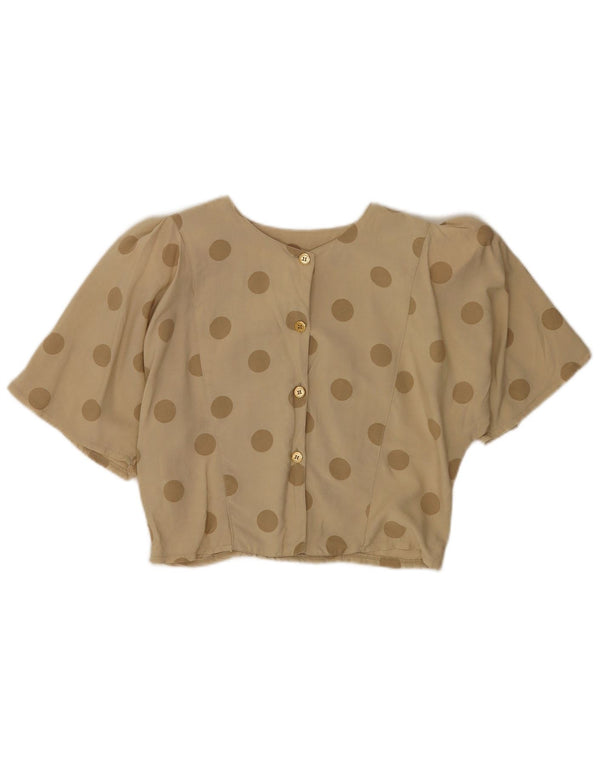 Vintage mujer crop manga corta camisa blusa Reino Unido 12 medio beige lunares