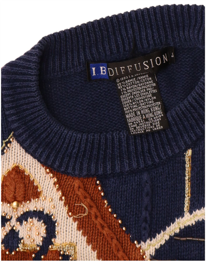 I.B Diffusion Suéter tipo jersey con cuello redondo para mujer UK 46 Large Azul marino Paisley