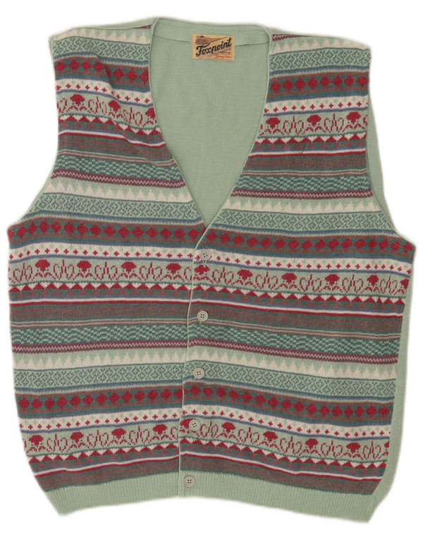 Vintage Mens Sleeveless Cardigan Sweater Medium Multicoloured Fair Isle