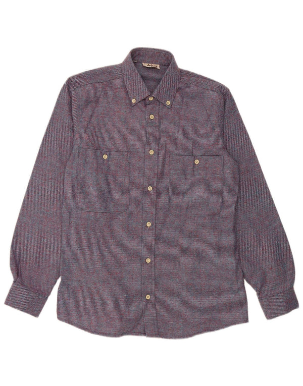 Vintage hombres franela camisa tamaño 37 14 1/2 pequeño poliéster a rayas púrpura