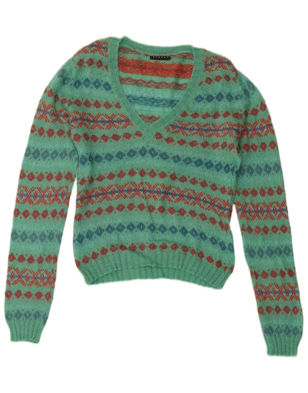SISLEY Suéter corto con cuello en V para mujer UK 14 Medium Turquesa Fair Isle