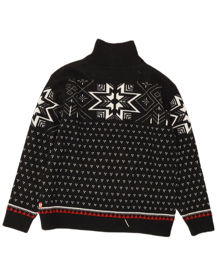 VINTAGE Hombres Zip Neck Jumper Suéter Medio Negro Fair Isle Poliacrílico