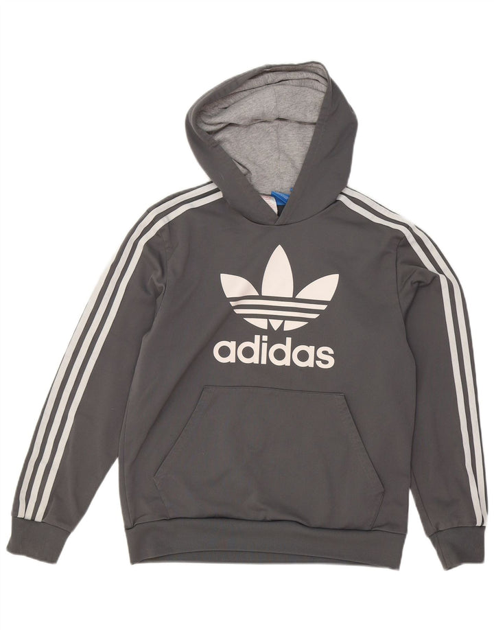 ADIDAS Boys Graphic Hoodie Jumper 13-14 Years Grey Polyester