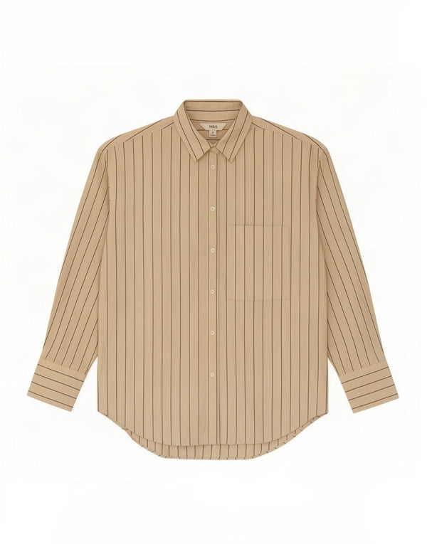 Marks & Spencer Camisa sobrecamisa para mujer UK 10 Small Beige Pinstripe Cotton