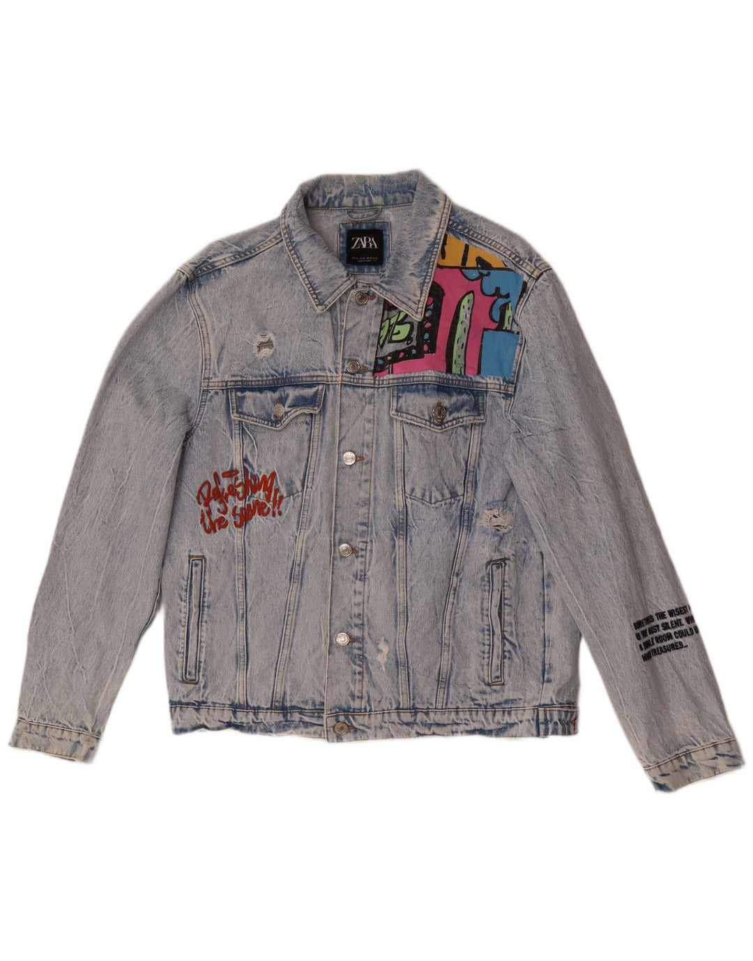Zara Hombre Chaqueta Vaquera Con Gráfico Desgastado UK 42 XL Azul