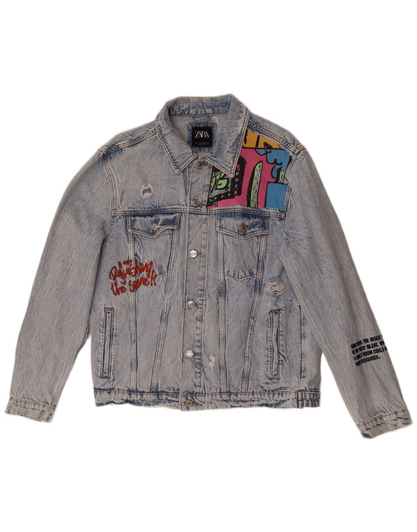 Zara Hombre Chaqueta Vaquera Con Gráfico Desgastado UK 42 XL Azul