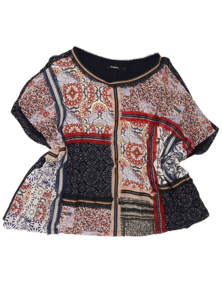 Desigual Mujer Poncho Blusa Top UK 40 Grande Azul Marino Patchwork Bohemio