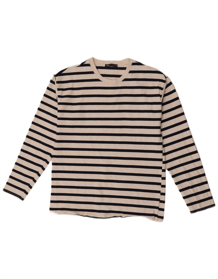 Zara Mujer Top Manga Larga UK 42 Mediano Rayas Blancas