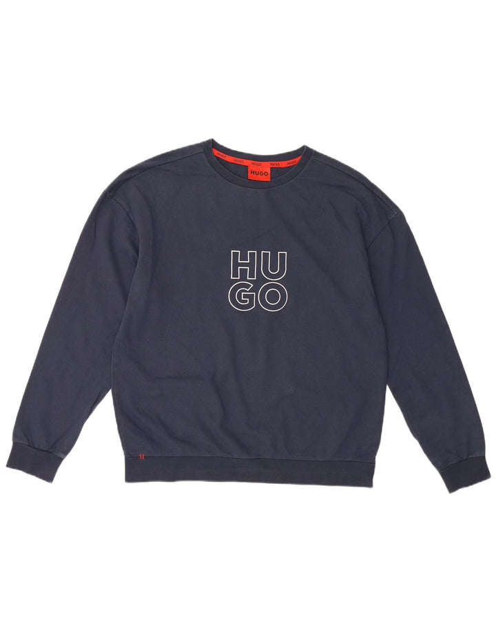 HUGO BOSS Hombre | Sudadera con gráfico tipo jersey de algodón azul marino mediano