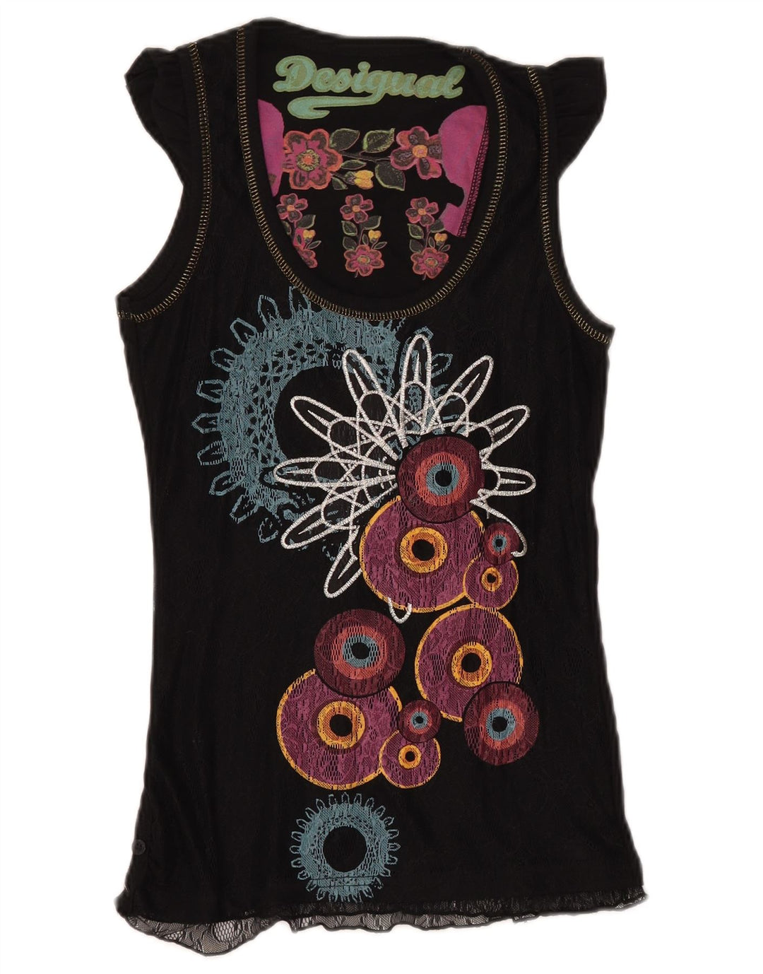 DESIGUAL Blusa gráfica para mujer Top UK 8 Small Black Geométrico Poliamida