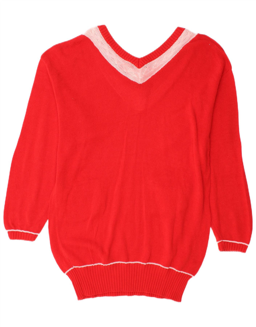 VINTAGE Suéter de jersey largo con cuello en V para mujer Reino Unido 18 XL Bloque de color rojo
